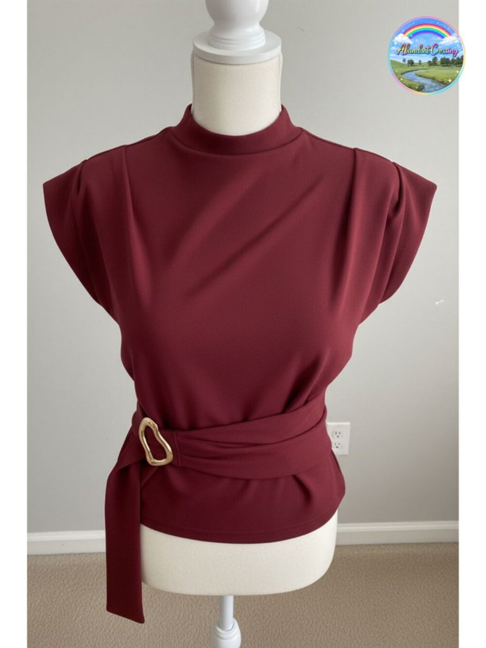Women Cap Sleeve Blouse Mock Neck Tunic Tie Front Business Casual Top